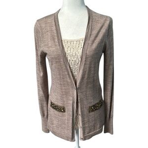 Loft Cardigan Wool Blend Jewel Embellished Tan Sweater Size Small